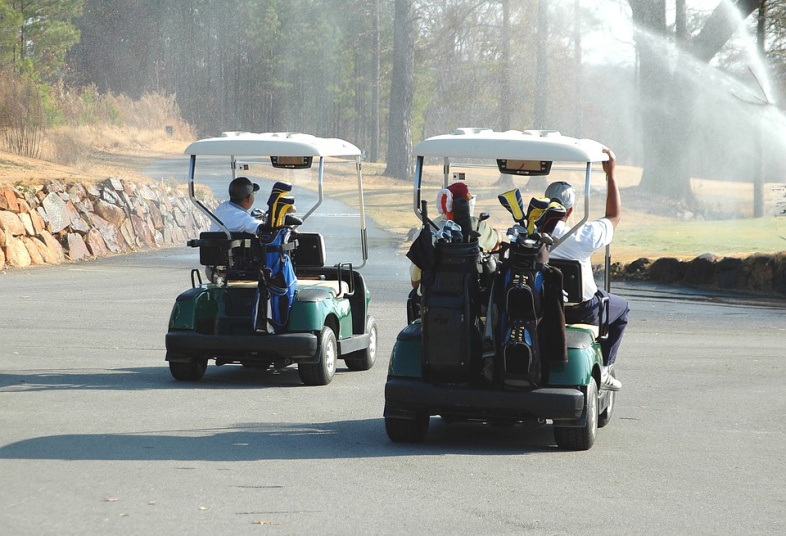 two golf carts driving down path